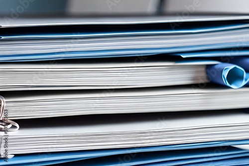 Closeup office table with organized stacked papers, as the concept of organized document management system for busy business reports or legal paper