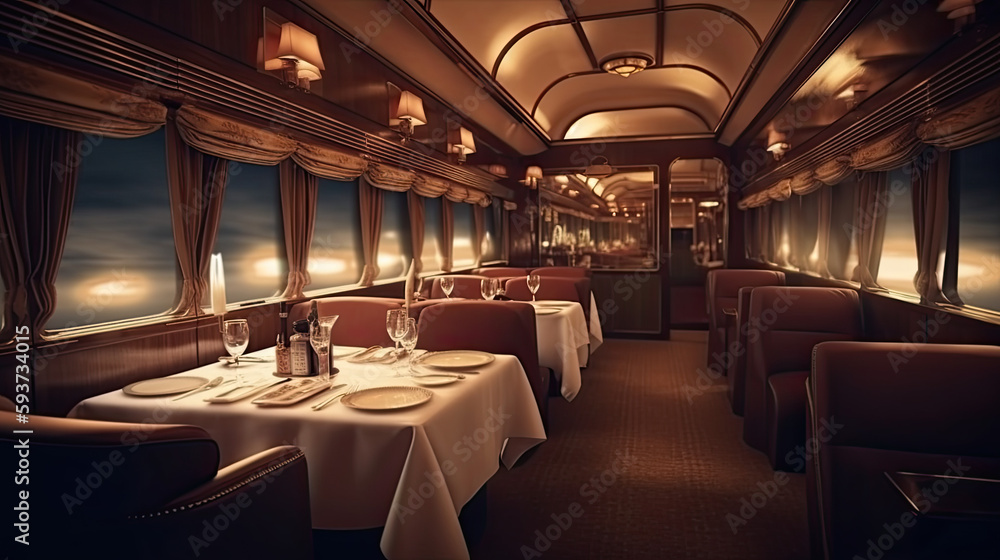 Illustration of retro Luxury dining car interior of train