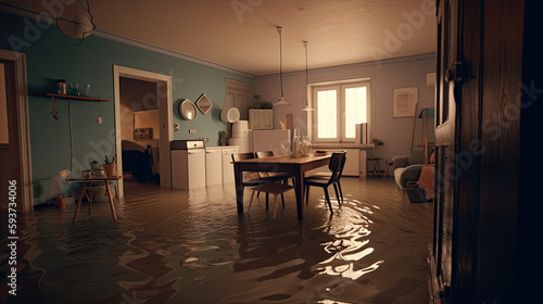 Illustration of flooded retro flat interior, Generative AI