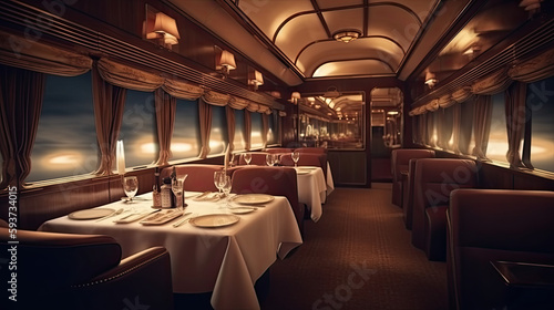 Illustration of retro Luxury dining car interior of train © steffenak