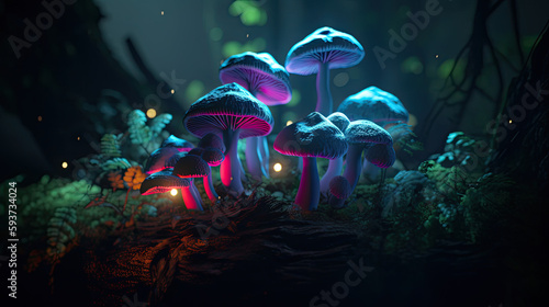 Multicolored fungus forms the brain, neon night forest, illustration by Generative AI