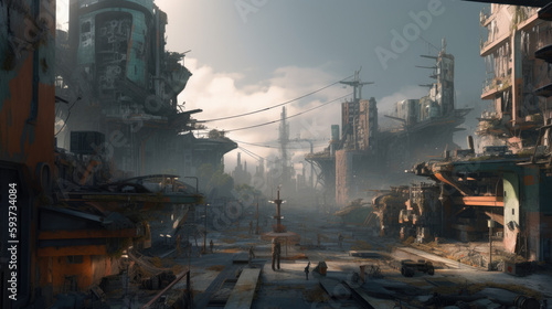 Dystopian Postapocalyptic city illustrated, Generative AI