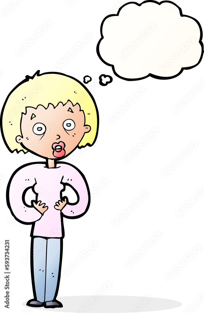 cartoon woman gesturing at self with thought bubble cartoon woman gesturing at self with thought bubble