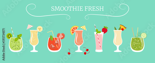 A set of vector icons of smoothies cocktails - kiwi, banana, pineapple, grapefruit, strawberry, cherry, cucumber, tomato, dill, mint, basil.