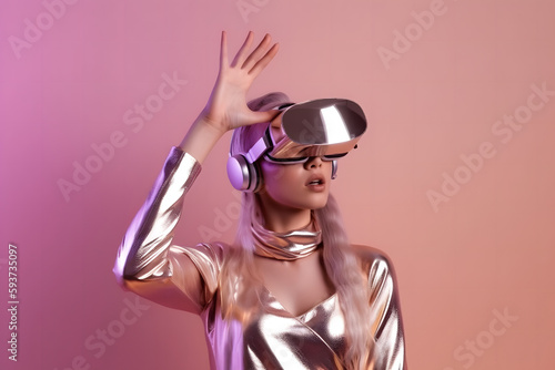 Diving into the Metaverse: Girl Wearing VR Headset and Glossy Dress in Futuristic Room