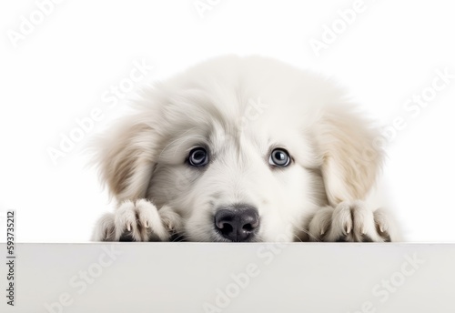 Adorable Great Pyrenees Puppy Peeking Out from Behind White Table with Copy Space, Isolated on White Background. Generative AI. photo