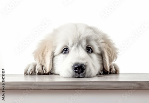 Adorable Great Pyrenees Puppy Peeking Out from Behind White Table with Copy Space, Isolated on White Background. Generative AI.