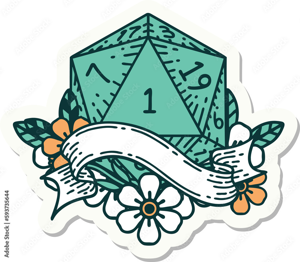 natural one d20 dice roll sticker