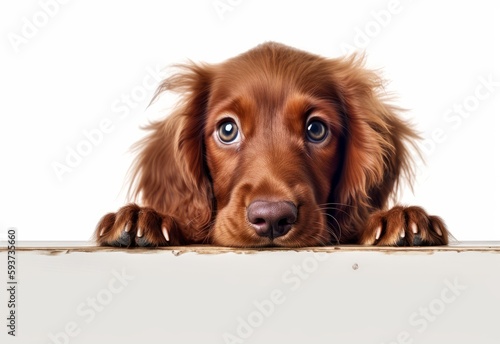 Adorable Irish Setter Puppy Peeking Out from Behind White Table with Copy Space, Isolated on White Background. Generative AI. photo