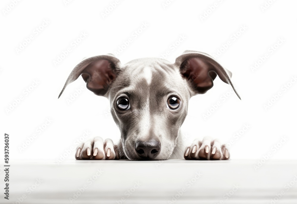 Adorable Italian Greyhound Puppy Peeking Out from Behind White Table with Copy Space, Isolated on White Background. Generative AI.