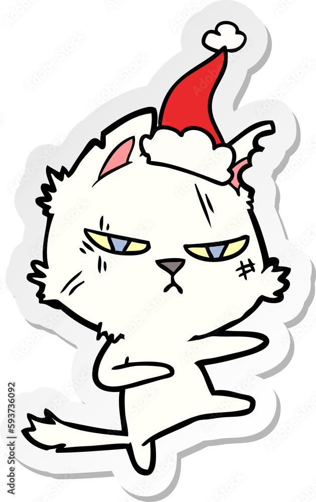 tough sticker cartoon of a cat wearing santa hat