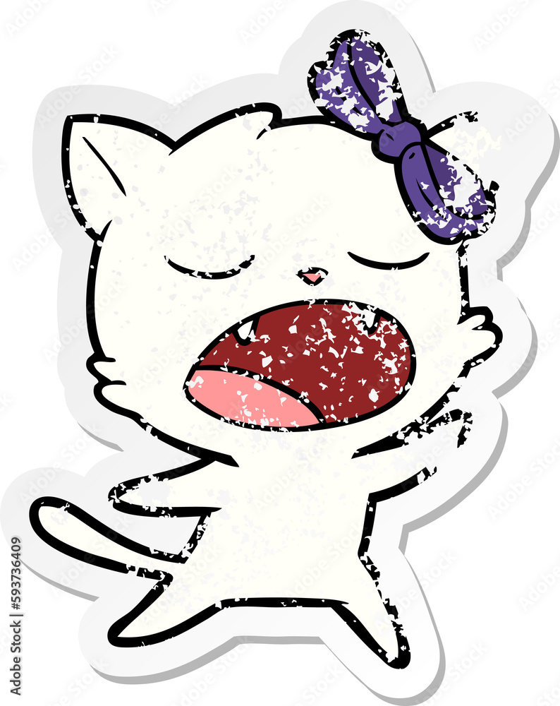 distressed sticker of a cartoon singing cat