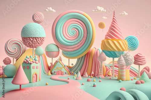 ai midjourney generative fantasy illustration of a small pastel colored candyland photo