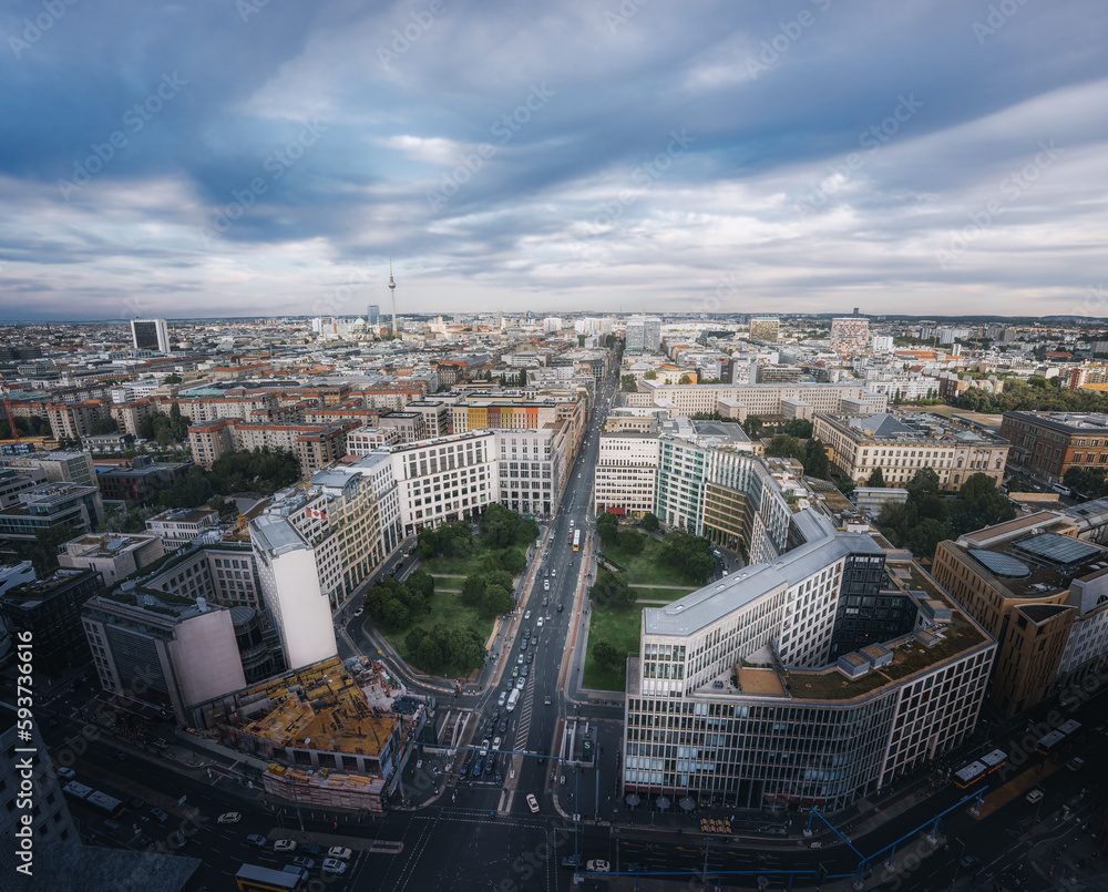 Aerial view of Leipziger Platz Octogonal Square and Berlin Skyline - Berlin, Germany