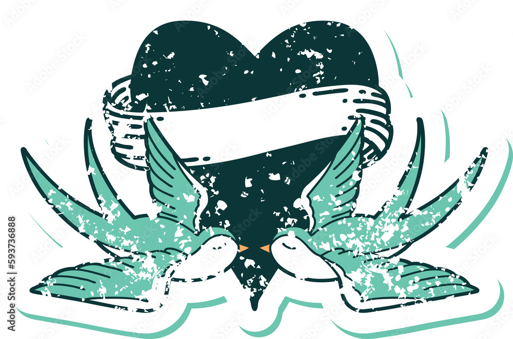 distressed sticker tattoo style icon of a swallows and a heart with banner