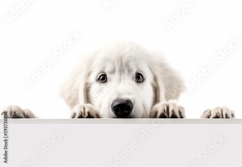 Adorable Kuvasz Puppy Peeking Out from Behind White Table with Copy Space, Isolated on White Background. Generative AI.
