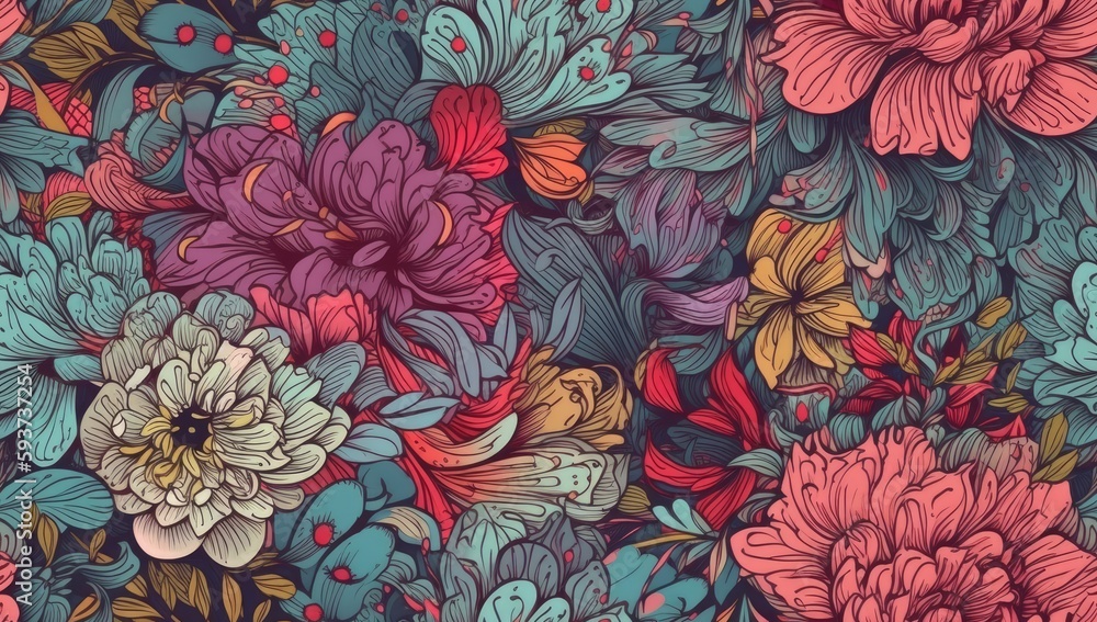 Floral summer seamless pattern. Luxurious baroque garden flowers and butterfly. Peonies flowers and leaves. Luxury background for textiles, wallpaper, paper created with Generative AI technology - obrazy, fototapety, plakaty 