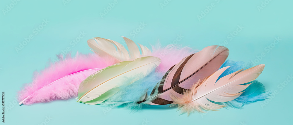 Obraz premium generative ai illustration of pastel colored feathers on turquoise background with copy space