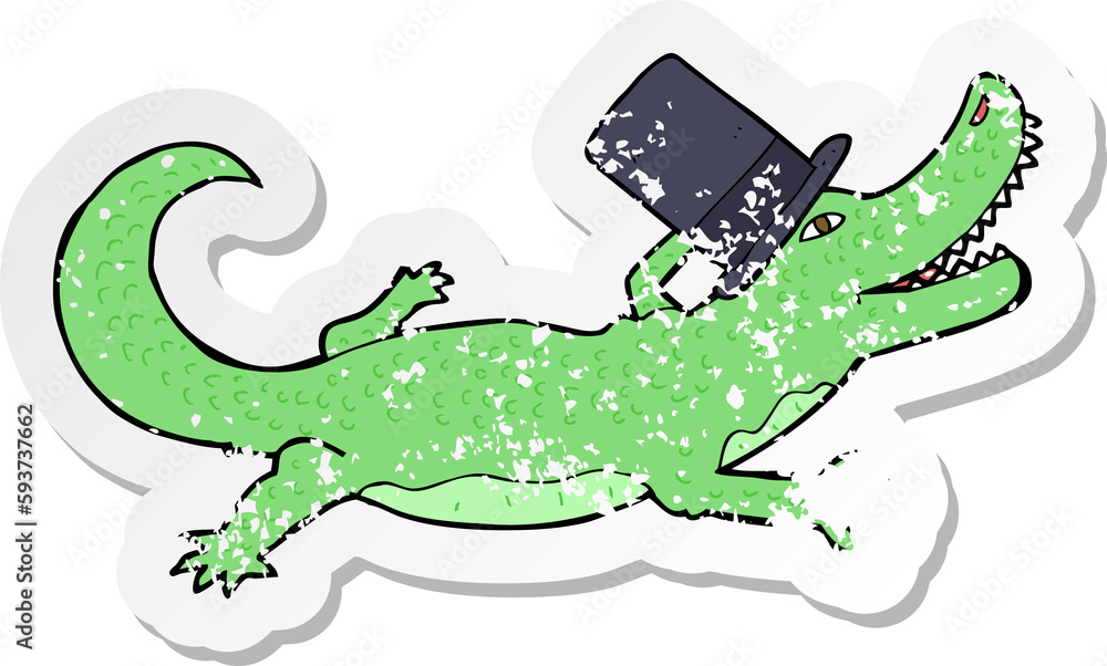 Obraz premium retro distressed sticker of a cartoon crocodile in top hat