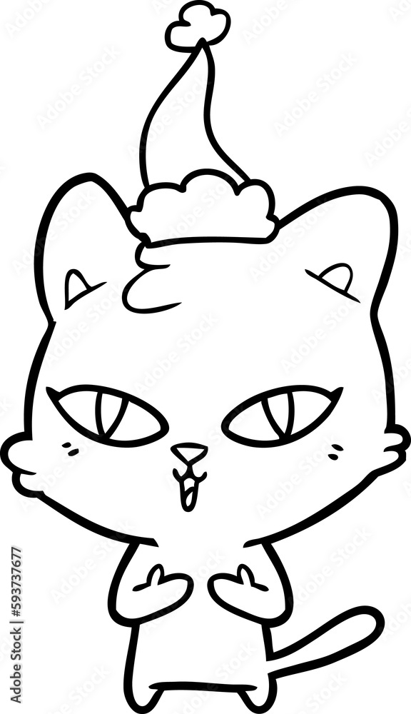 line drawing of a cat wearing santa hat