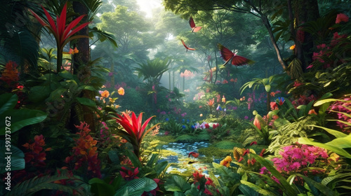 Lush Green Foliage in Tropical Jungle, Amazon Rainforest, Generative AI