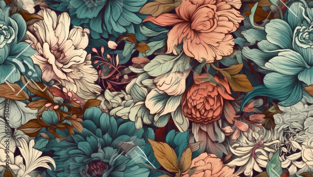 Floral summer seamless pattern. Luxurious baroque garden flowers and butterfly. Peonies flowers and leaves. Luxury background for textiles, wallpaper, paper. Vintage illustration. - obrazy, fototapety, plakaty 