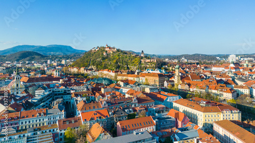 Panorama view of Graz city in Austria with the historic city centre and the Schloßberg hill