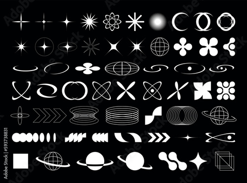 Retro futuristic brutal elements for design. Big collection of abstract graphic geometric symbols and objects in y2k style. Templates for notes, posters, banners, stickers, business cards, logo.