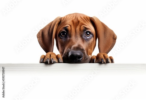 Adorable Rhodesian Ridgeback Puppy Peeking Out from Behind White Table with Copy Space, Isolated on White Background. Generative AI. © bomoge.pl