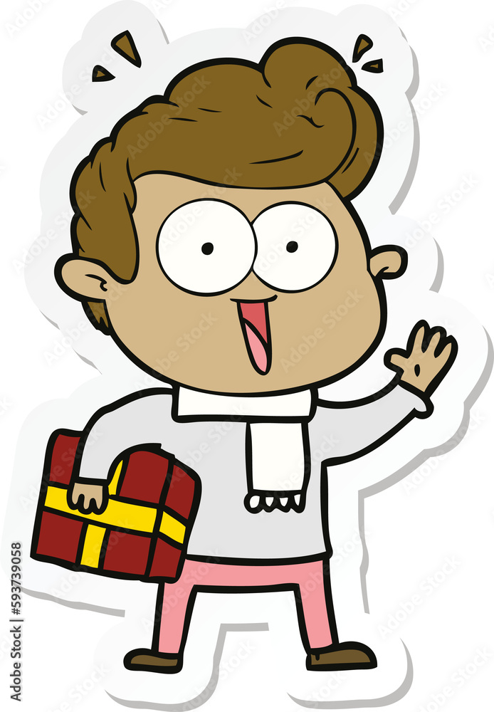sticker of a cartoon excited man with present