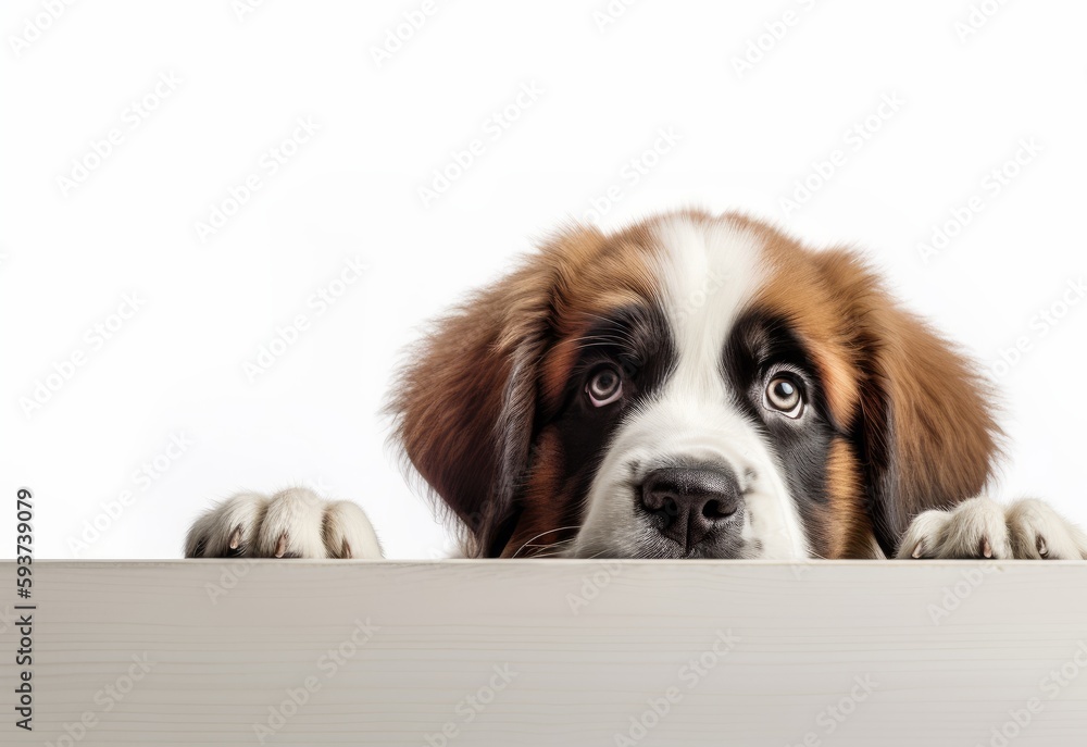 Adorable Saint Bernard Puppy Peeking Out from Behind White Table with Copy Space, Isolated on White Background. Generative AI.
