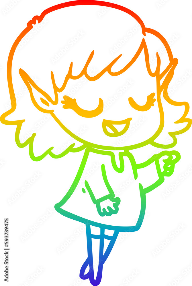 rainbow gradient line drawing happy cartoon elf girl pointing rainbow gradient line drawing happy cartoon elf girl pointing