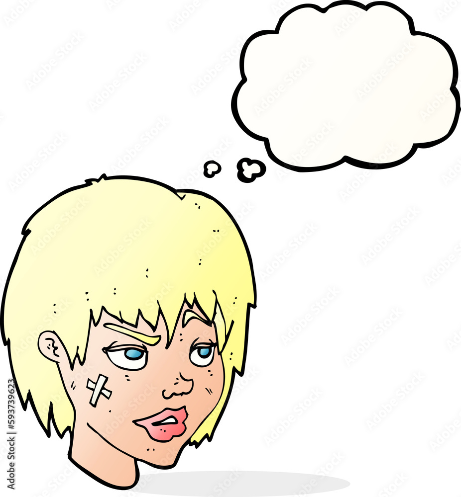 cartoon woman with plaster on face with thought bubble cartoon woman with plaster on face with thought bubble