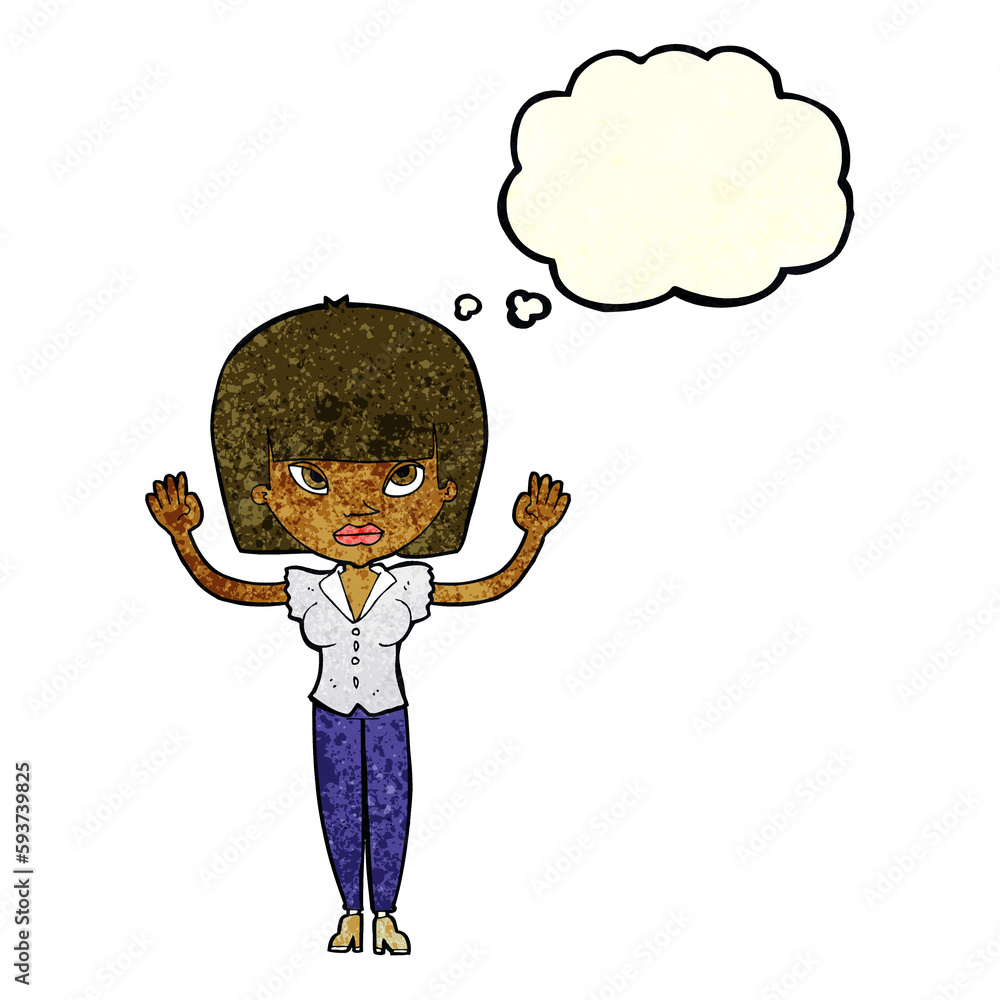 cartoon woman with raised hands with thought bubble cartoon woman with raised hands with thought bubble