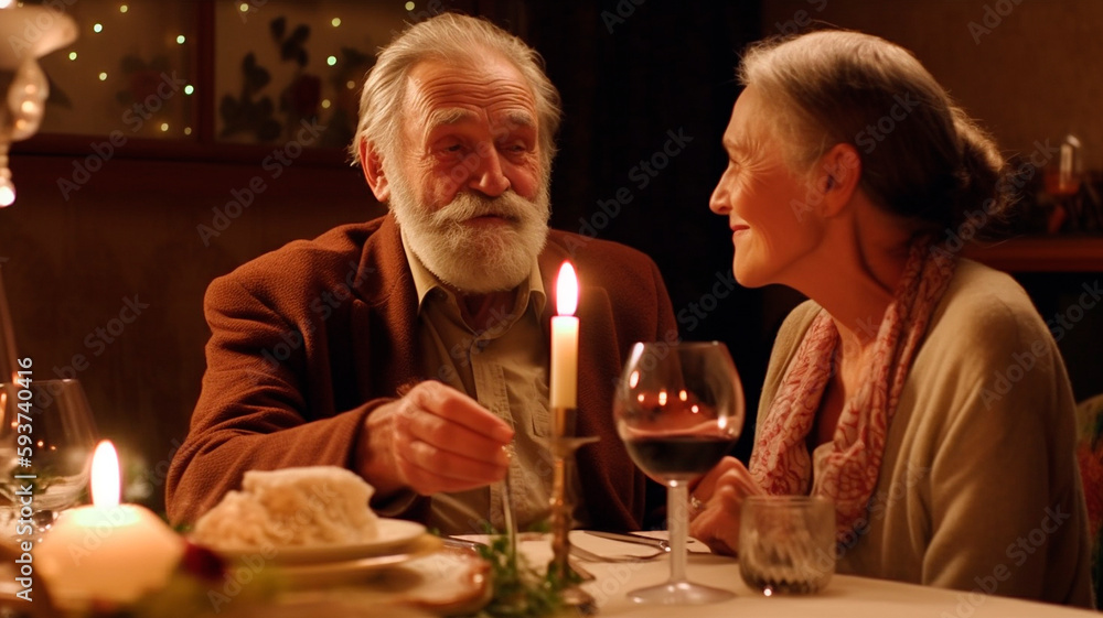 elderly couple goes out to dinner by candlelight at home. Celebrating the anniversary of a strong relationship that has lasted many years, created with Generative AI Technology