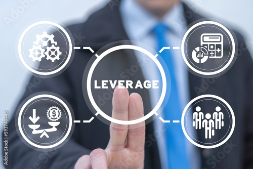 Εκτύπωση καμβά Businessman using virtual touch screen presses word: LEVERAGE