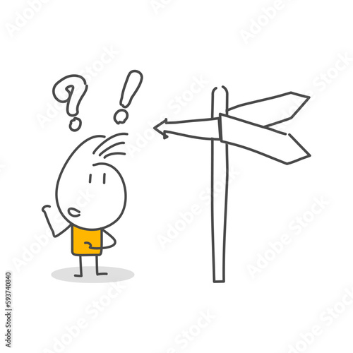 Stick figures. Arrow Steering Post. Isolated on white background. Hand drawn Doodle Line Art Cartoon Design character.