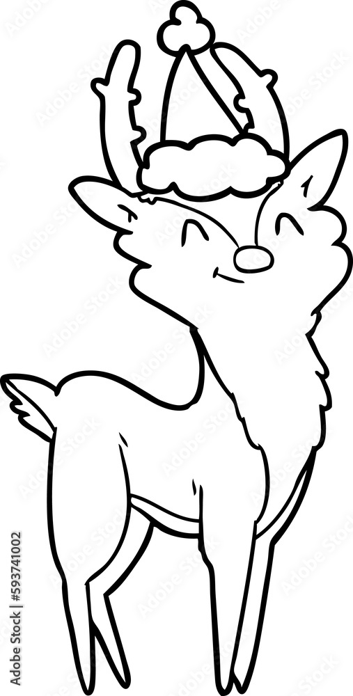 line drawing of a happy stag wearing santa hat