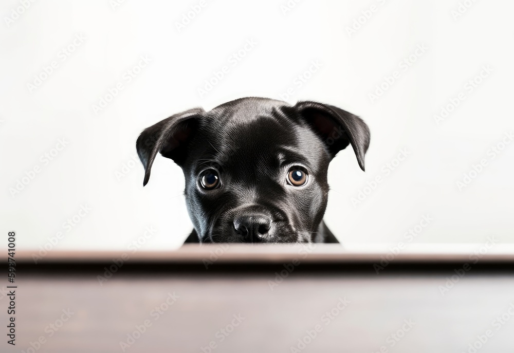 Adorable Staffordshire Bull Terrier Puppy Peeking Out from Behind White Table with Copy Space, Isolated on White Background. Generative AI.