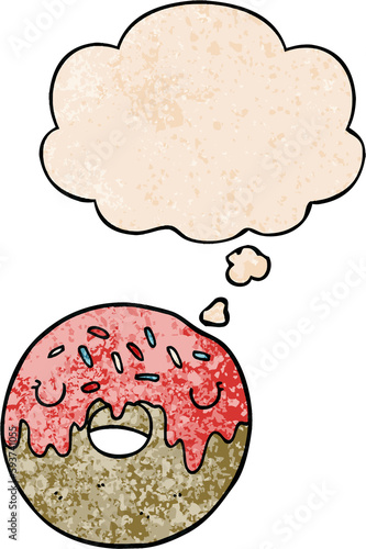 cartoon donut and thought bubble in grunge texture pattern style