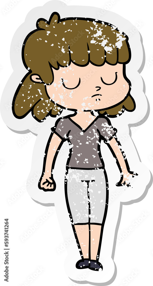 distressed sticker of a cartoon indifferent woman distressed sticker of a cartoon indifferent woman