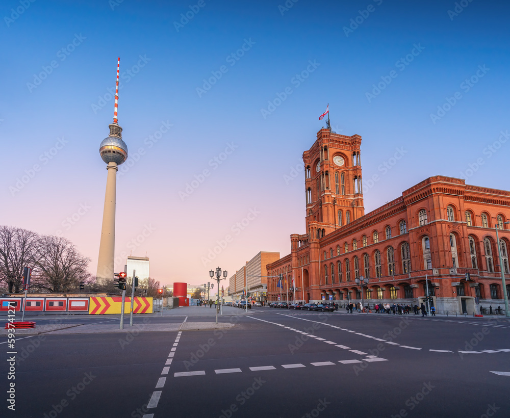 Berlin City Hall (Rotes Rathaus) and TV Tower (Fernsehturm) at sunset - Berlin, Germany