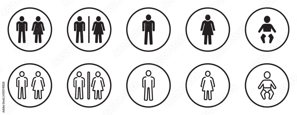 Set of WC icons, sanitary symbol. Male and female bathroom or restroom. Silhouettes man, woman and baby, toilet, lavatory signs. Vector. Set of WC icons, sanitary symbol. Male and female bathroom or restroom. Silhouettes man, woman and baby, toilet, lavatory signs. Vector.