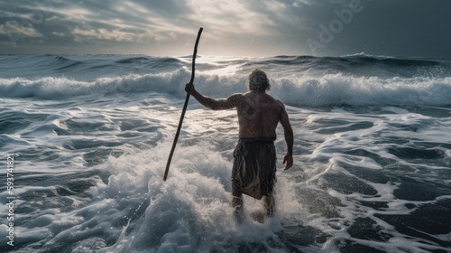 Moses separating the sea with his stick. Prophecy. Crossing the red sea. Part of biblical narrative. Sea in exodus. AI Generated  © Huesday