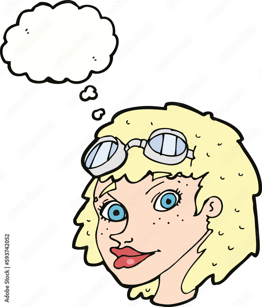 cartoon happy woman wearing aviator goggles with thought bubble cartoon happy woman wearing aviator goggles with thought bubble