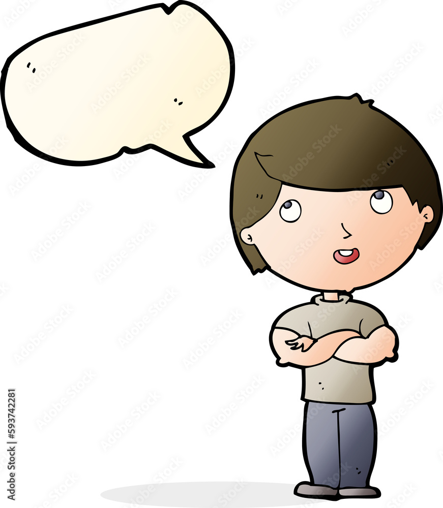 cartoon happy man with folded arm with speech bubble cartoon happy man with folded arm with speech bubble