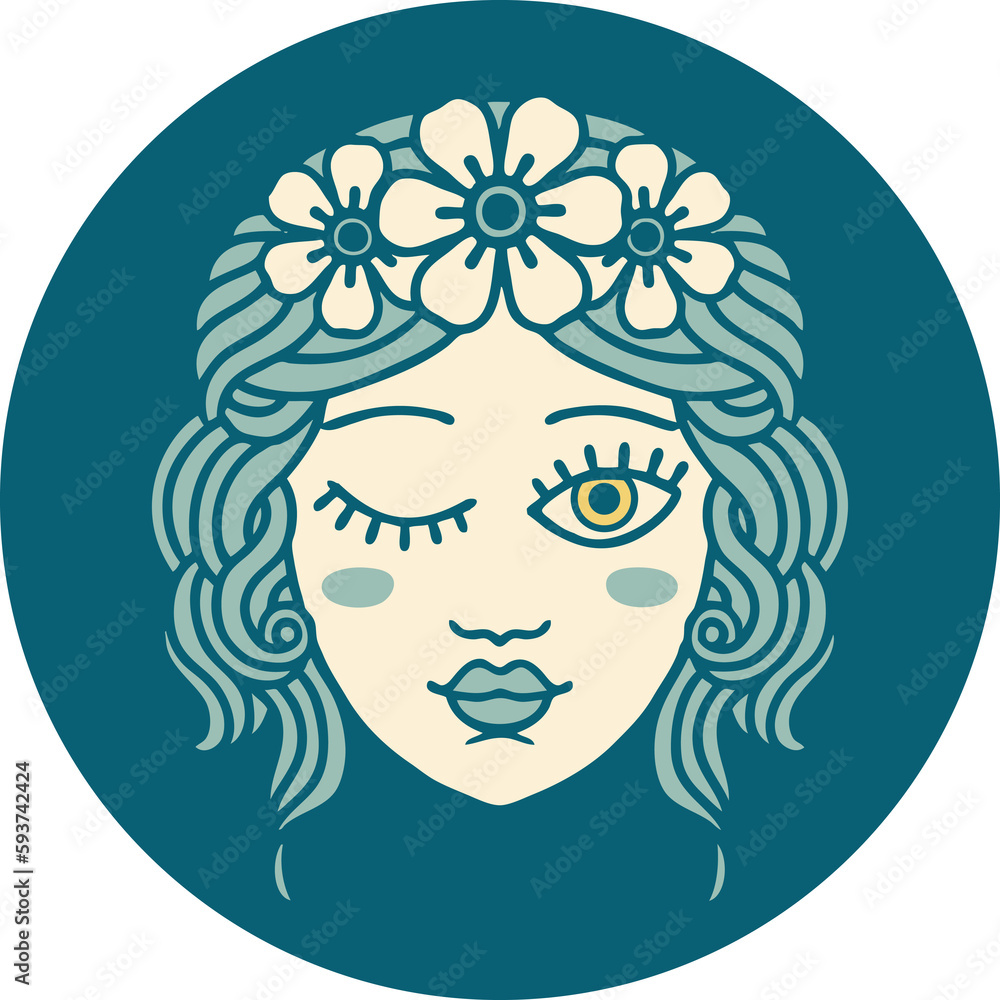 tattoo style icon of a maidens face winking tattoo style icon of a maidens face winking