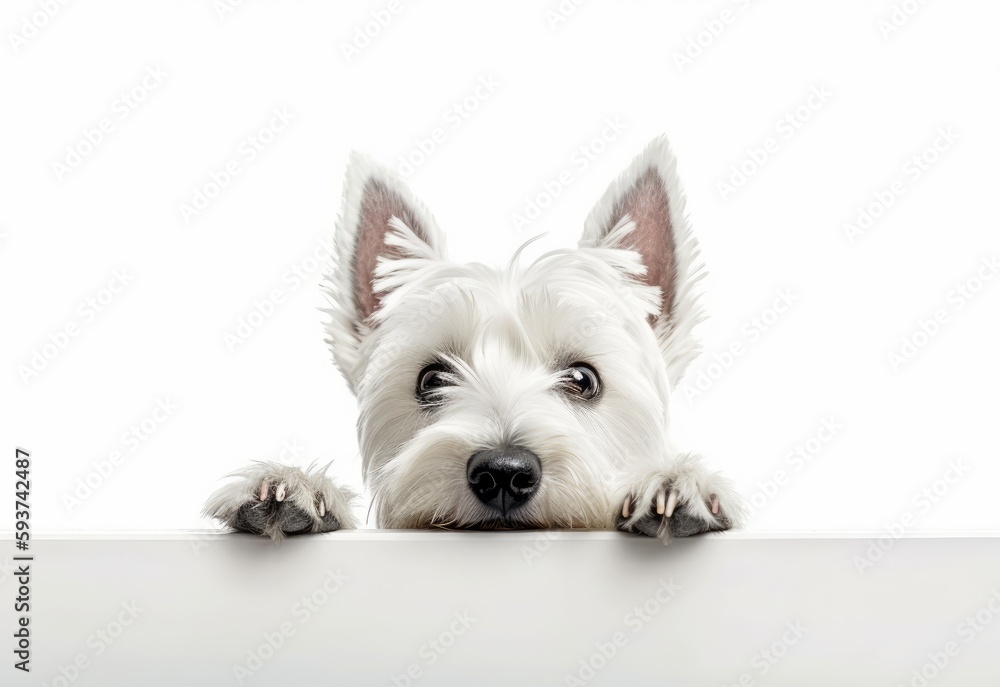 Adorable West Highland White Terrier Puppy Peeking Out from Behind White Table with Copy Space, Isolated on White Background. Generative AI. Adorable West Highland White Terrier Puppy Peeking Out from Behind White Table with Copy Space, Isolated on White Background. Generative AI.