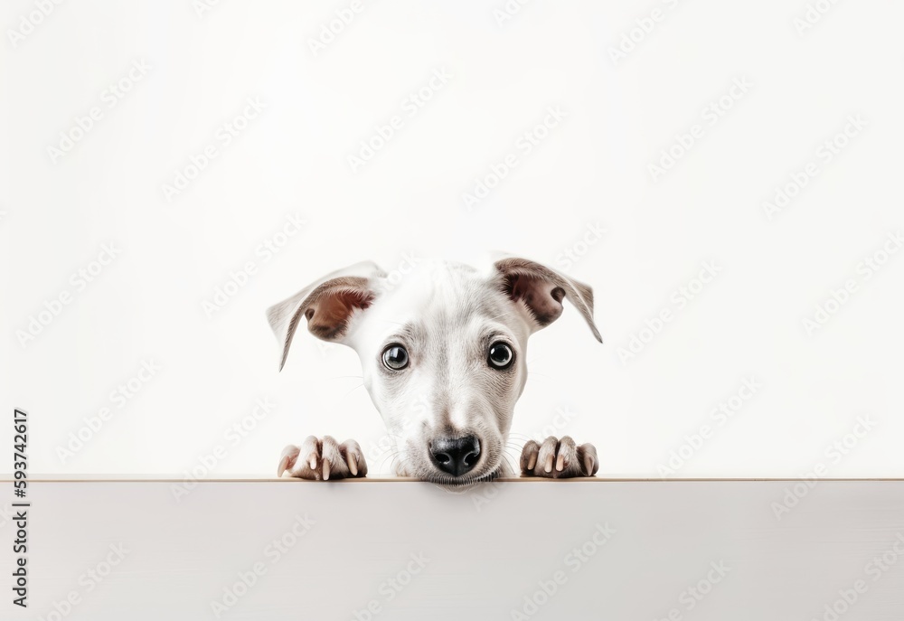 Adorable Whippet Puppy Peeking Out from Behind White Table with Copy Space, Isolated on White Background. Generative AI.