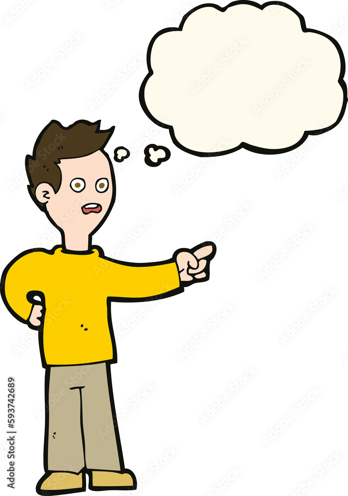 cartoon shocked boy pointing with thought bubble cartoon shocked boy pointing with thought bubble